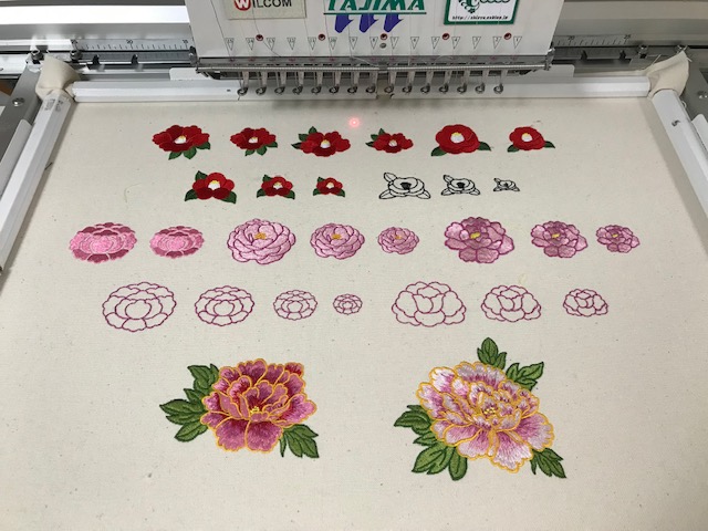 和柄刺繍CD企画　その21  鬼検品と試し縫い　椿、牡丹、桔梗、菊。